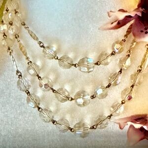Vintage Aurora Borealis Triple Strand Crystal Beads with Gold Links Necklace